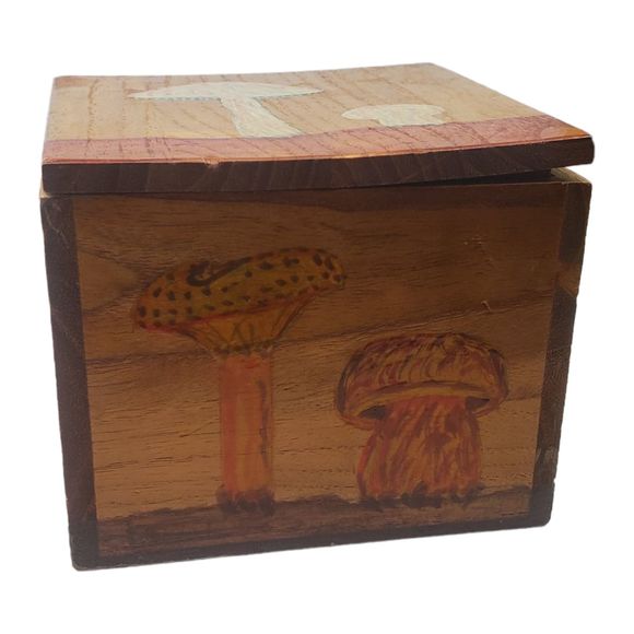 VTG Handpainted Wooden Trinket Box Mushrooms Signed by Artist 4" x 4" x  3.25" - Picture 8 of 10